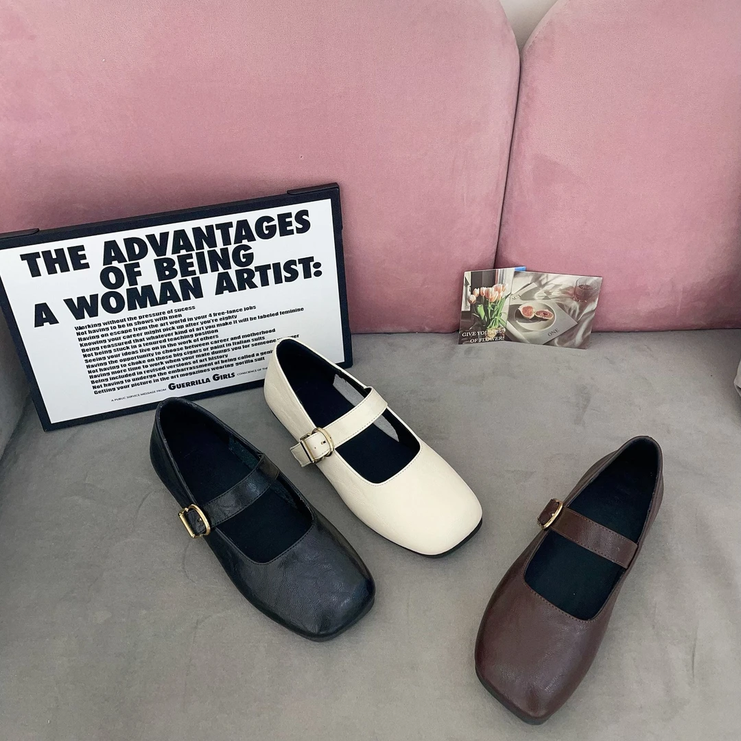 法式气质通勤玛丽珍鞋女2025春季新款方头复古单鞋平底百搭小皮鞋