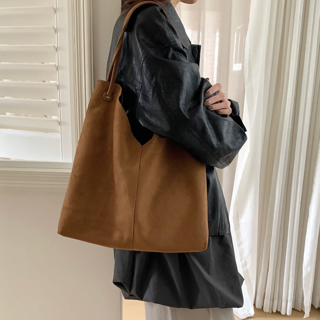 竹笋喵喵 韩版简约仿麂皮绒单肩包女2025新秋冬百搭大容量托特包