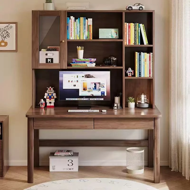 实木书桌书架一体家用书房客厅书柜组合学习桌卧室简约现代电脑桌
