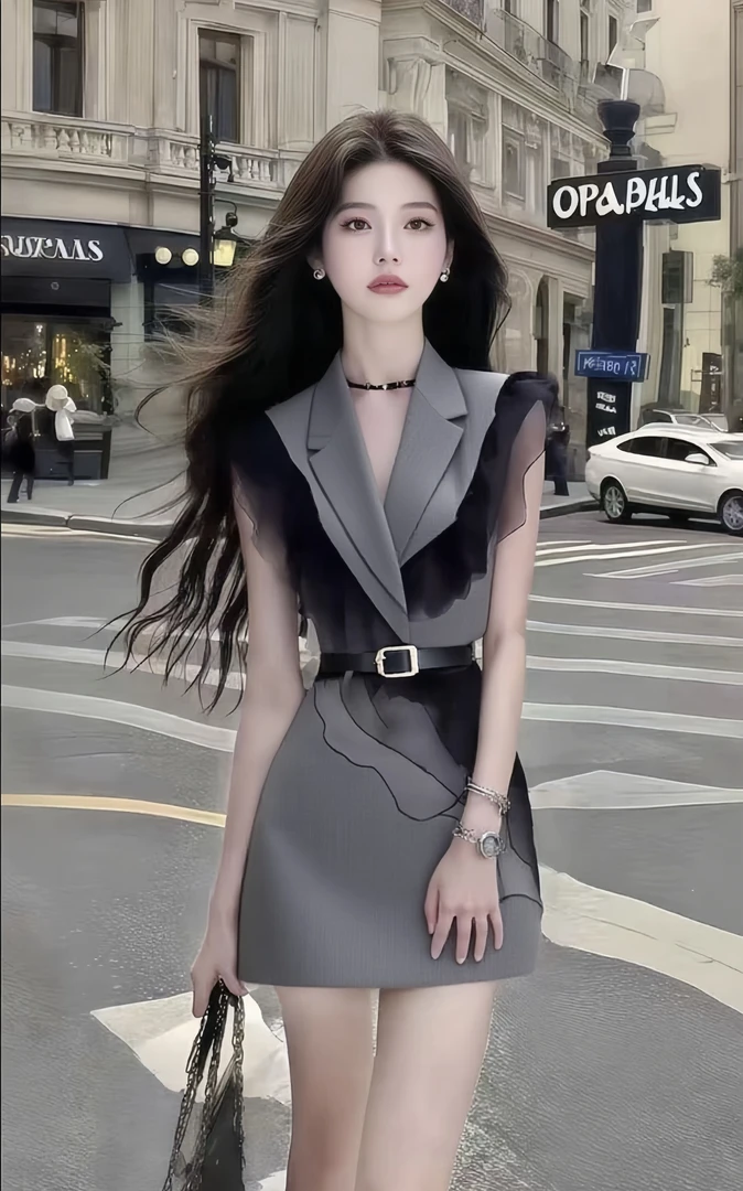 新款时尚别致设计感灰色V领收腰系带连衣裙女气质显瘦氛围感女装