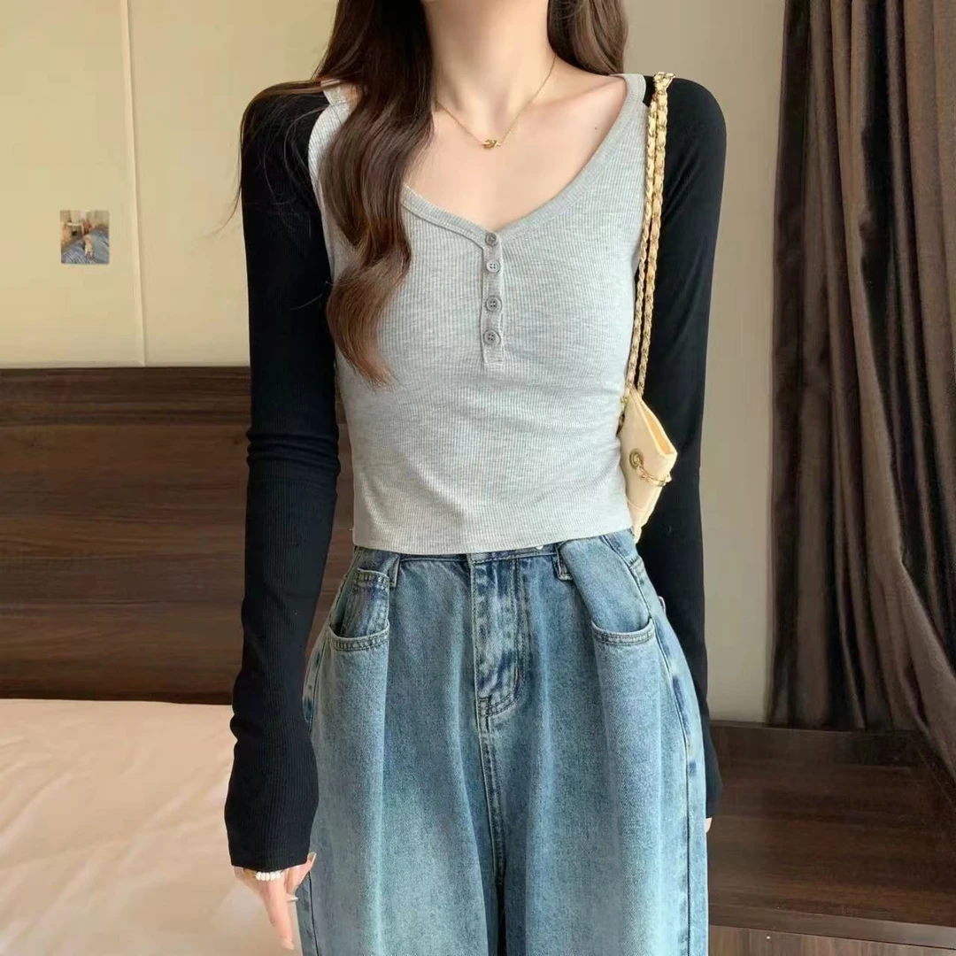 新款修身打底衫撞色v领百搭上衣女春秋拼色长袖性感辣妹插肩袖T恤