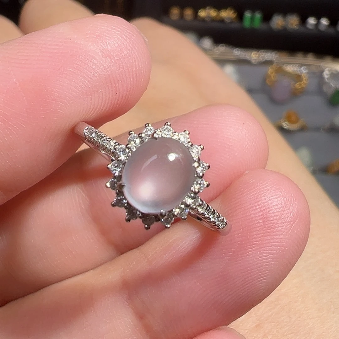 翡翠戒指18K金镶嵌白冰翡翠戒指