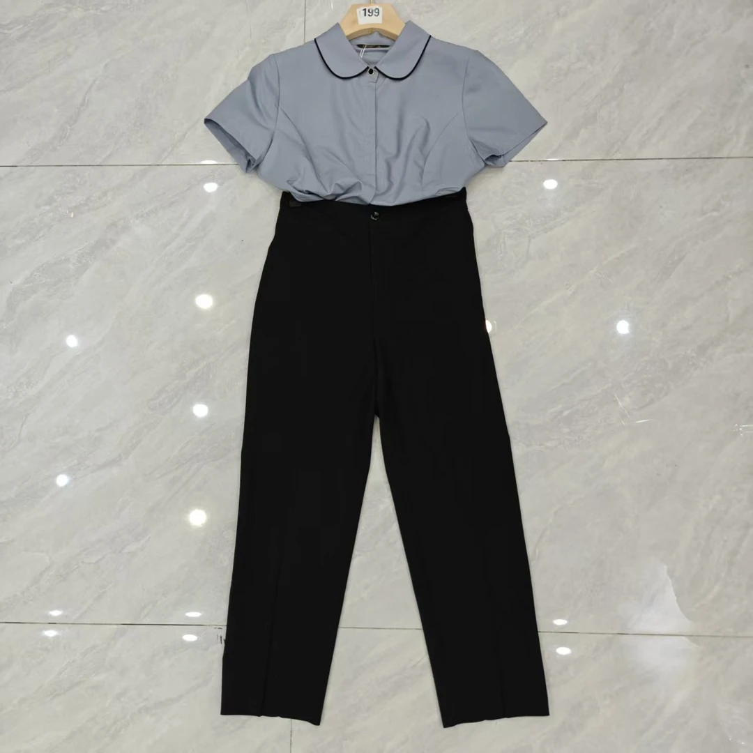 0003+0388薄款拼接纽扣修身型纯色短袖衬衫休闲时尚