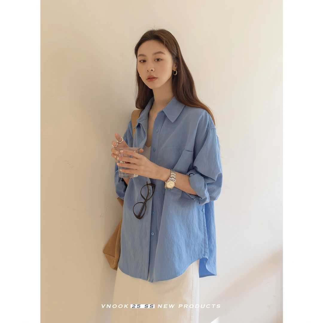 vnook 纯色简约翻领衬衫女春夏季2025新款休闲大口袋垂感长袖上衣