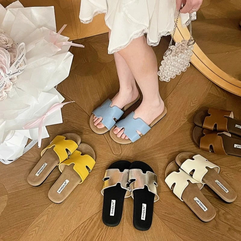 美猫汇真皮底法式仙女风蝴蝶结方头露趾凉拖鞋女夏天配裙子低跟鞋