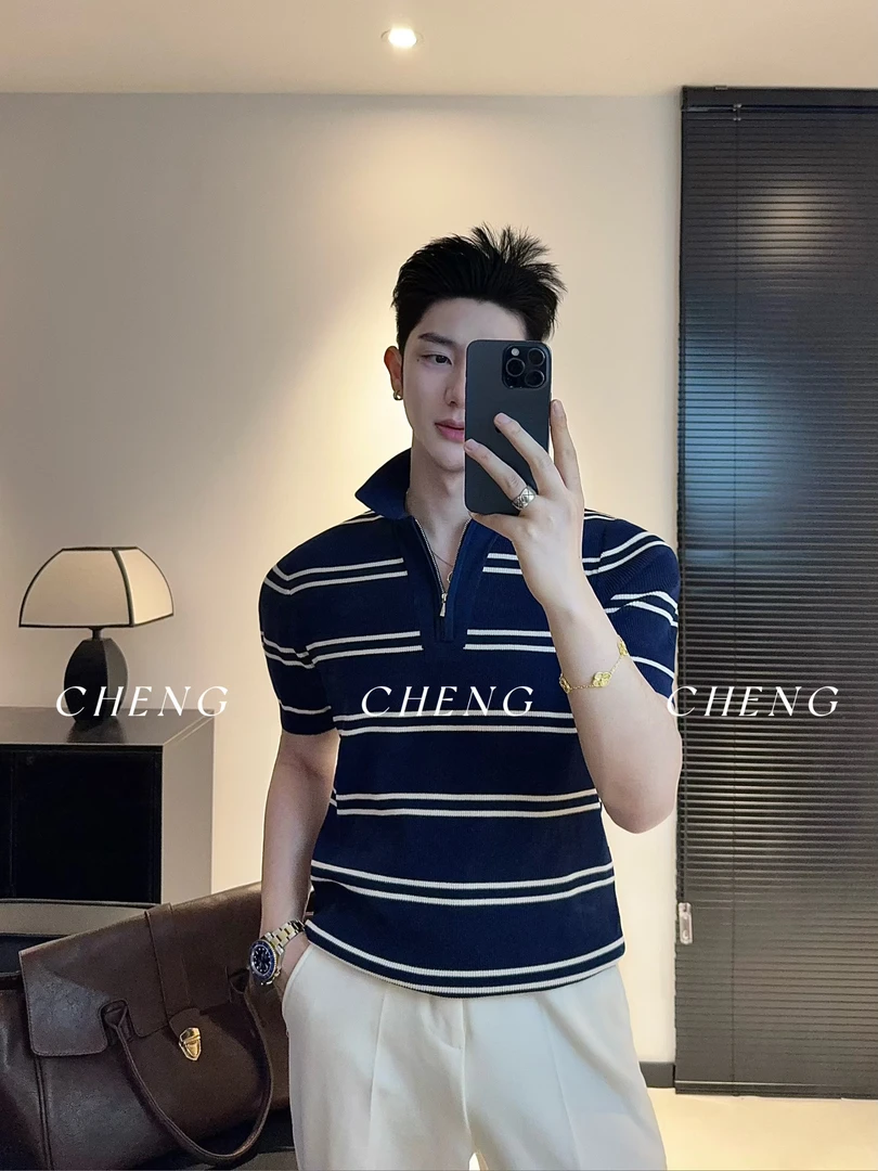 「程程的试衣间」夏季撞色条纹100支短袖Polo衫水洗百搭时尚男士T恤