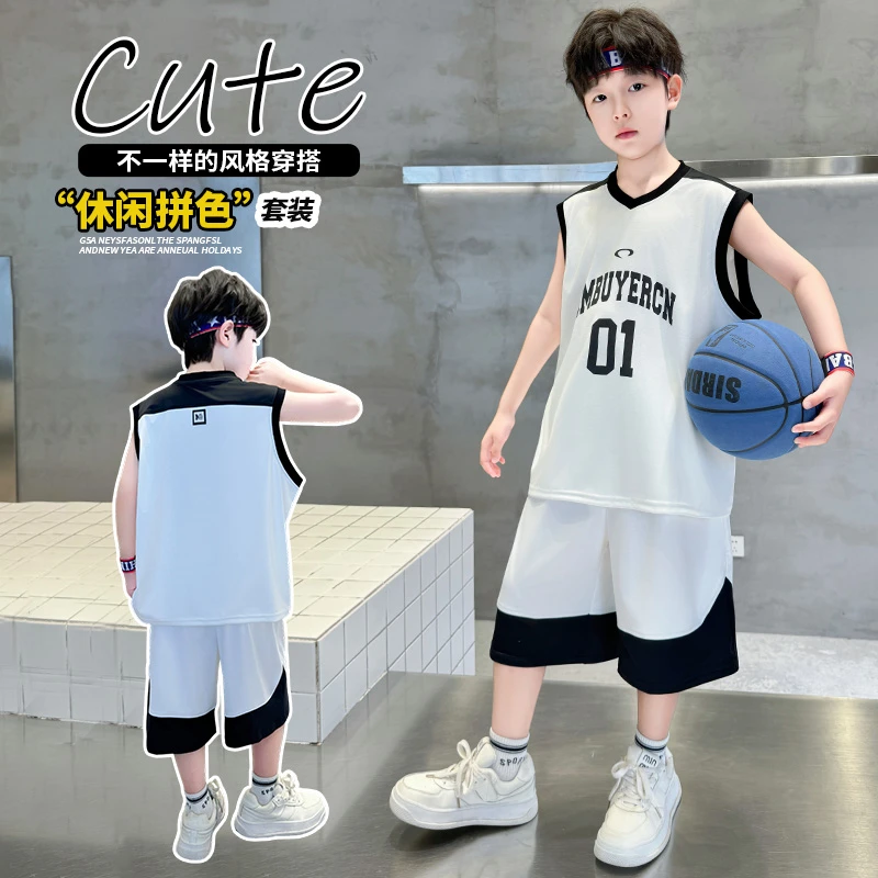 儿童装男童夏装无袖套装2025新款夏季中大童运动速干夏款冰丝球服