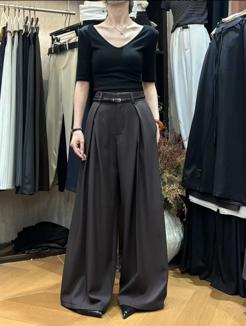 黑色设计感女高腰拼接西装裤拉链性感风显瘦垂感宽松