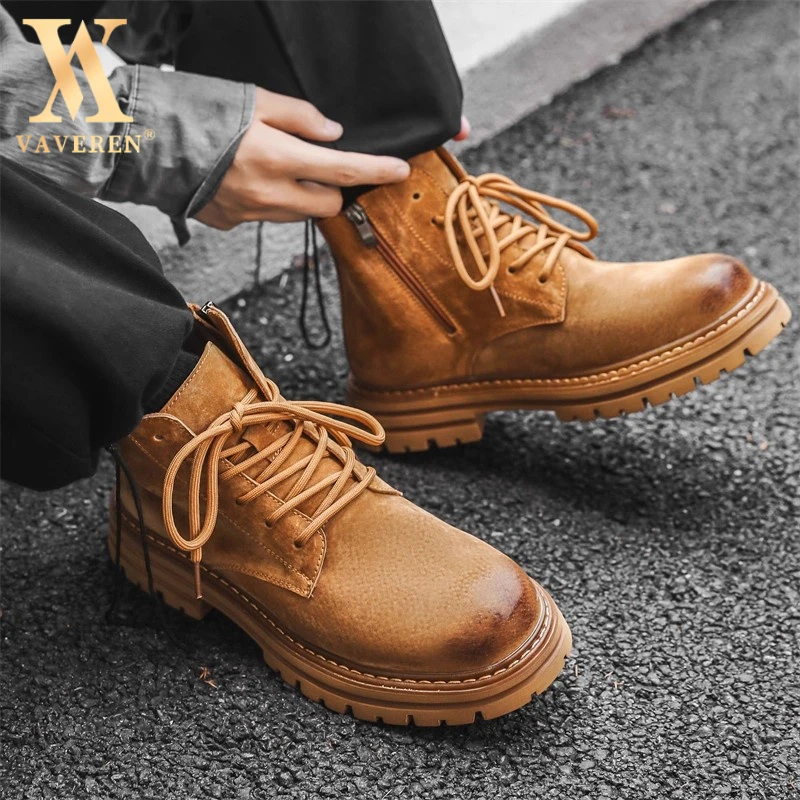 马丁靴男款冬季磨砂真皮大黄靴情侣款厚底增高工装男款磨砂马丁靴