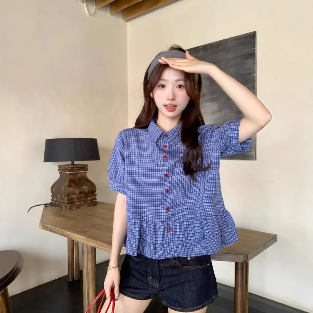 法式甜美荷叶边蓝色格纹短袖衬衫女夏季新款小众设计感百搭短衬衣