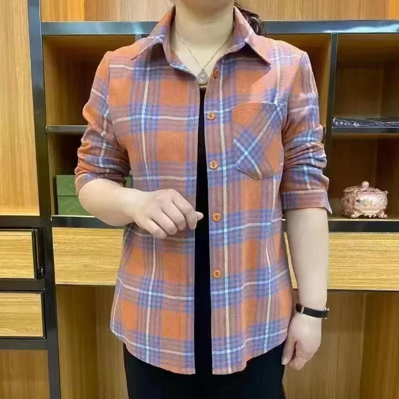 春秋格子衬衫上衣长袖时尚翻领大码宽松休闲年轻流行洋气