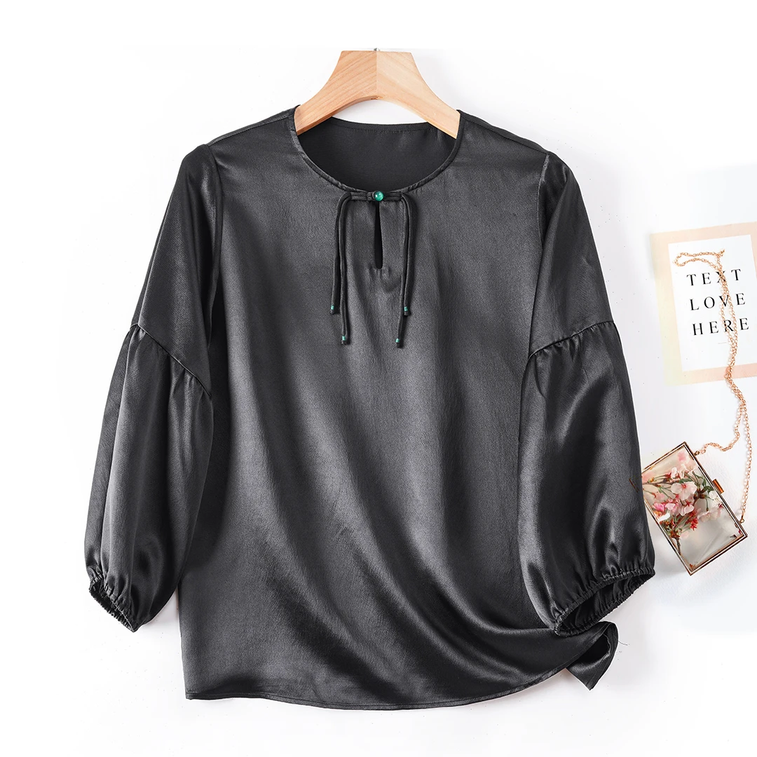 100%桑蚕丝黑色百搭气质珍珠缎高端女装宽松时尚休闲真丝复古T恤