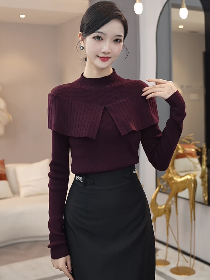 轻奢洋气立领红色针织衫女秋2025新款设计感荷叶边修身打底衫上衣