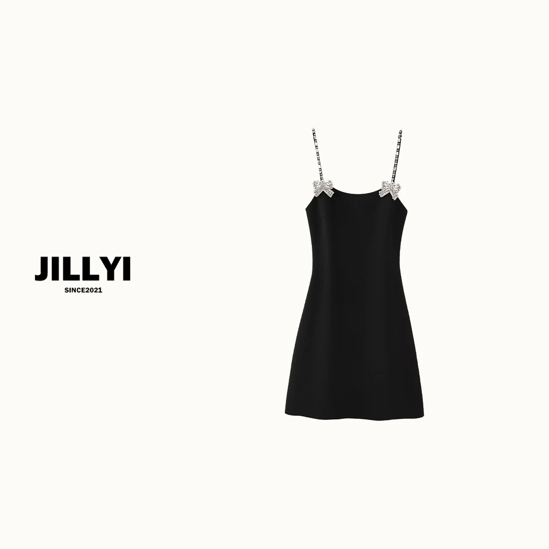 JILLYI南山店【千金钻石】夏款气质轻奢休闲黑色吊带钻石蝴蝶结连衣