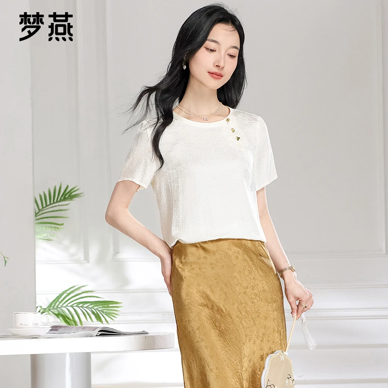 梦燕夏季女时尚百搭气质国风简约休闲宽松舒适真丝上衣BS01B5508