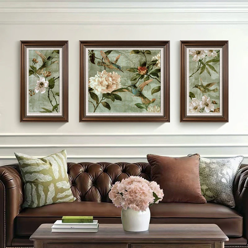 u作【比翼双飞】手绘油画美式客厅装饰画餐厅挂画复古花鸟三联套画