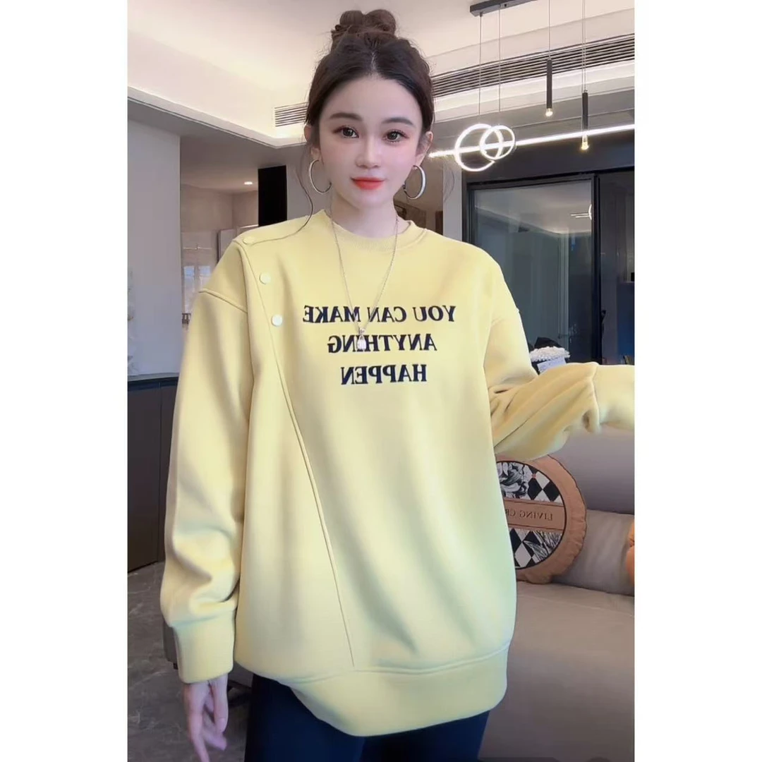 冬季新款植绒绣重工落肩慵懒风中长款圆领卫衣 2703