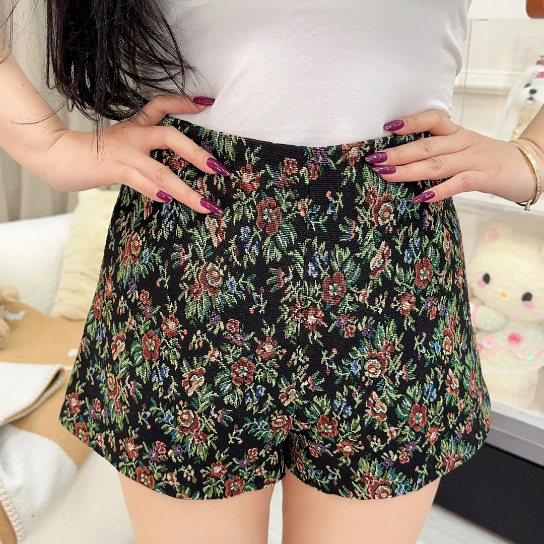 6/28新品首发大码胖MM夏季新款 玫瑰花高腰提花复古显瘦A短裤