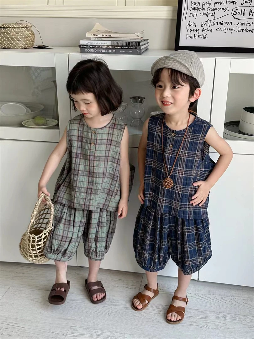 2025夏季新款男女童格子棉麻背心灯笼裤两件套2402