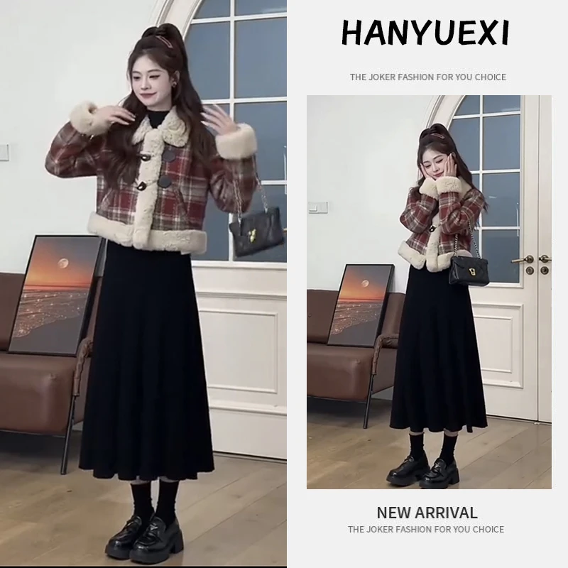 冬季一整套女装2024新款时尚格子翻领外套百搭针织半身裙两件套潮