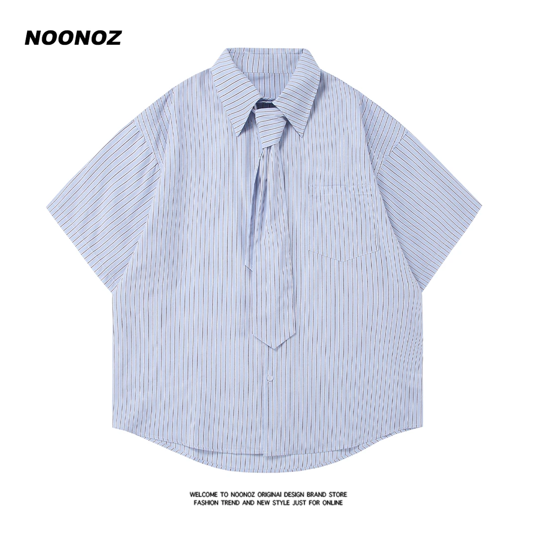 NOONOZ夏季新款竖条纹领带短袖衬衫男潮牌学院风宽松休闲百搭衬衣