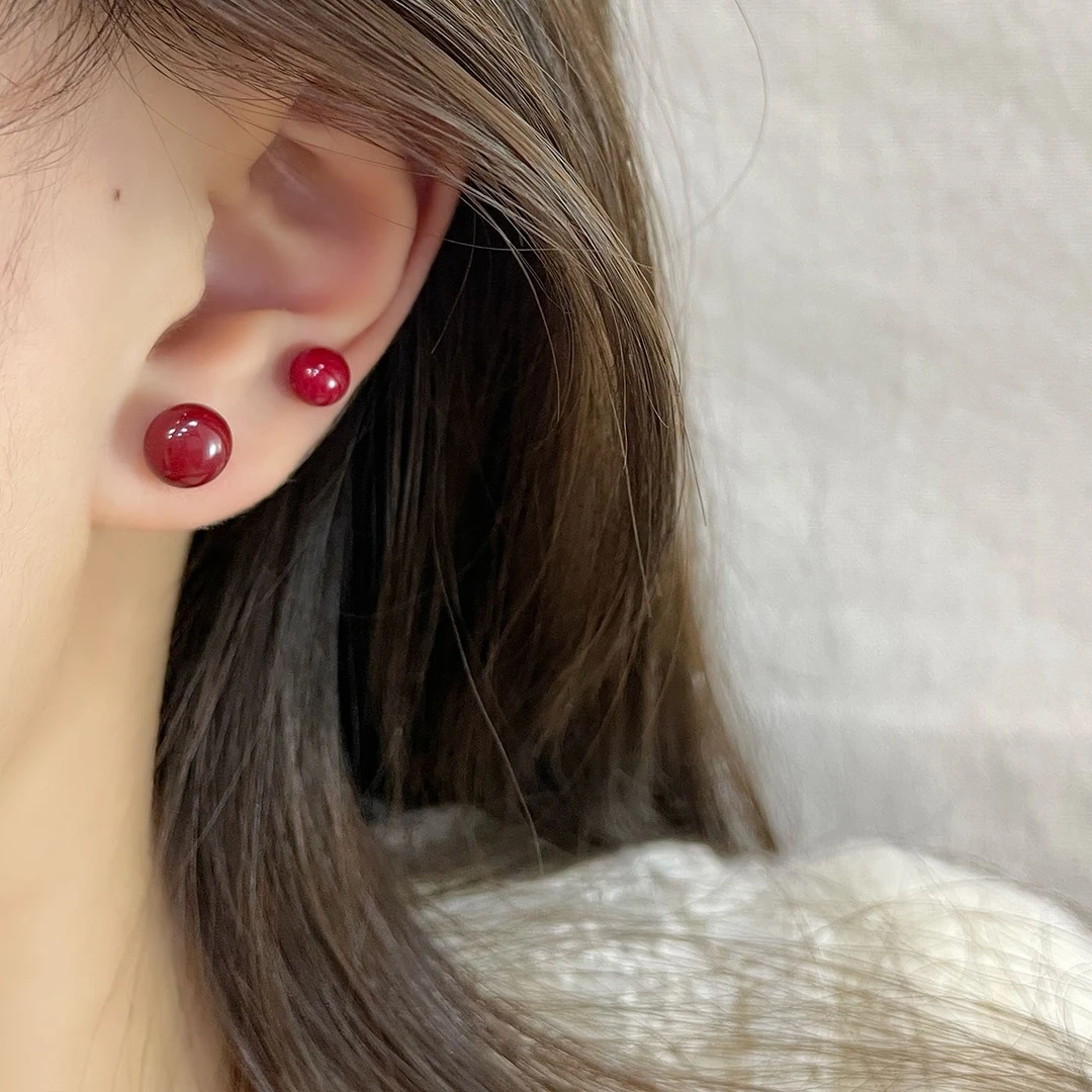铜合金耳饰 安可拉红色珠珠耳钉秋冬三对装高级气质过年耳饰K2312