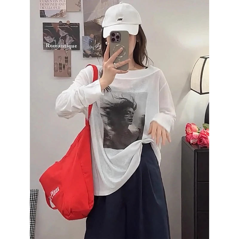 2025款夏季薄款斜肩白色长袖t恤女韩系宽松显瘦露肩防晒罩衫上衣