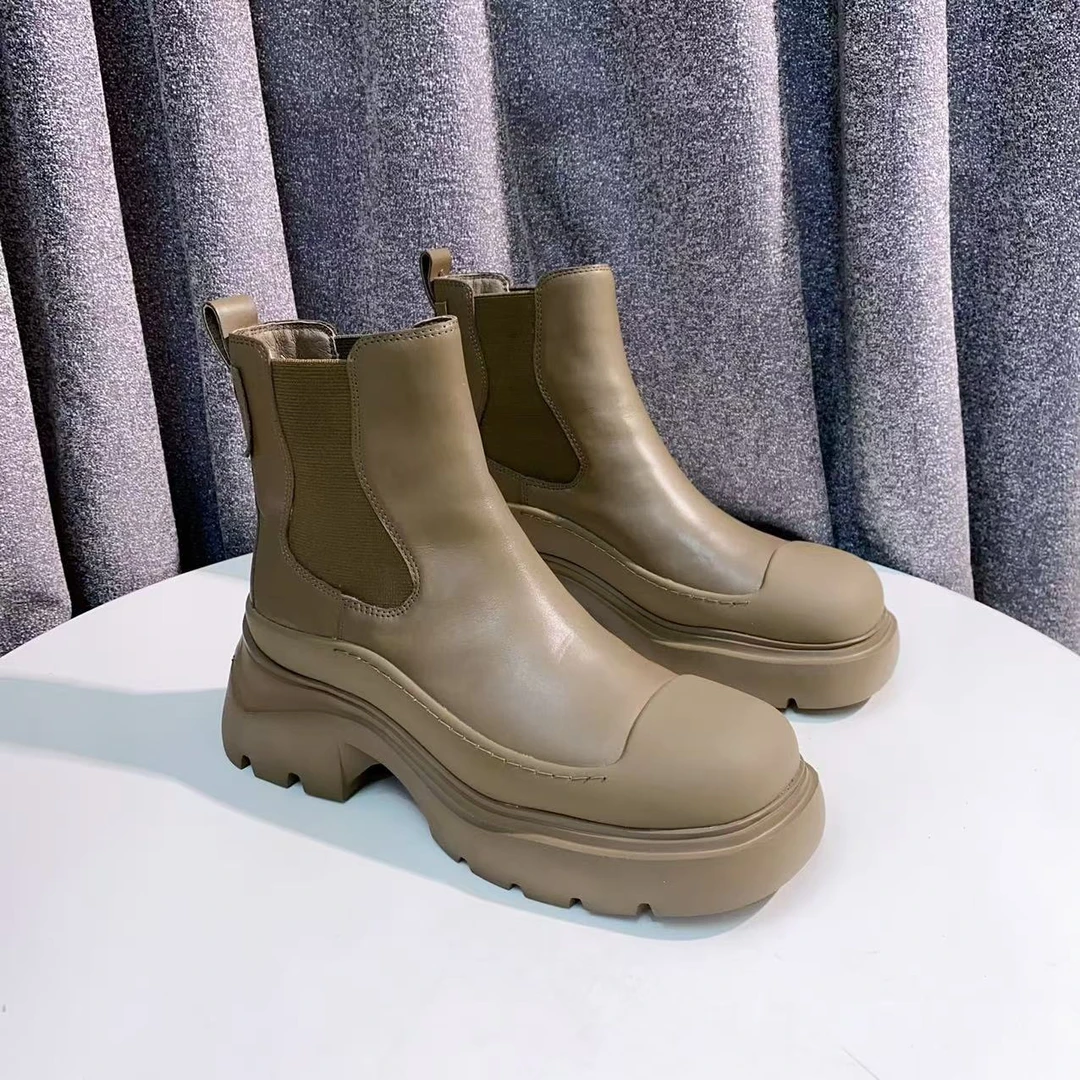 【表弟严选】C232 芥绿色 秋冬时尚舒适圆头女中筒烟筒靴 马丁靴