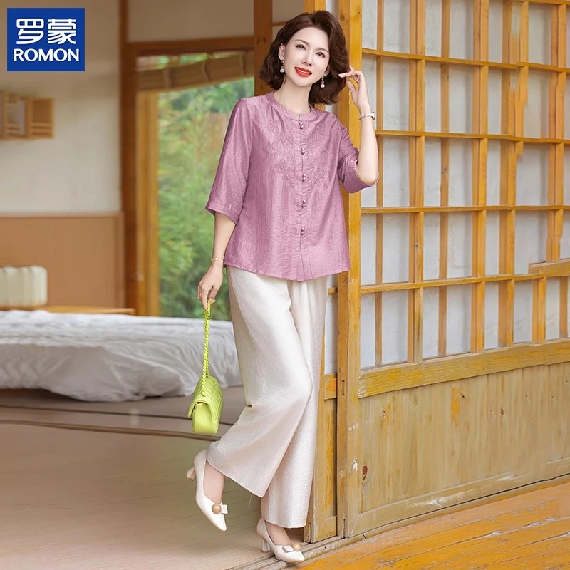 罗蒙妈妈装夏季中式两件套2025新款中年洋气小衫中老年女气质套装