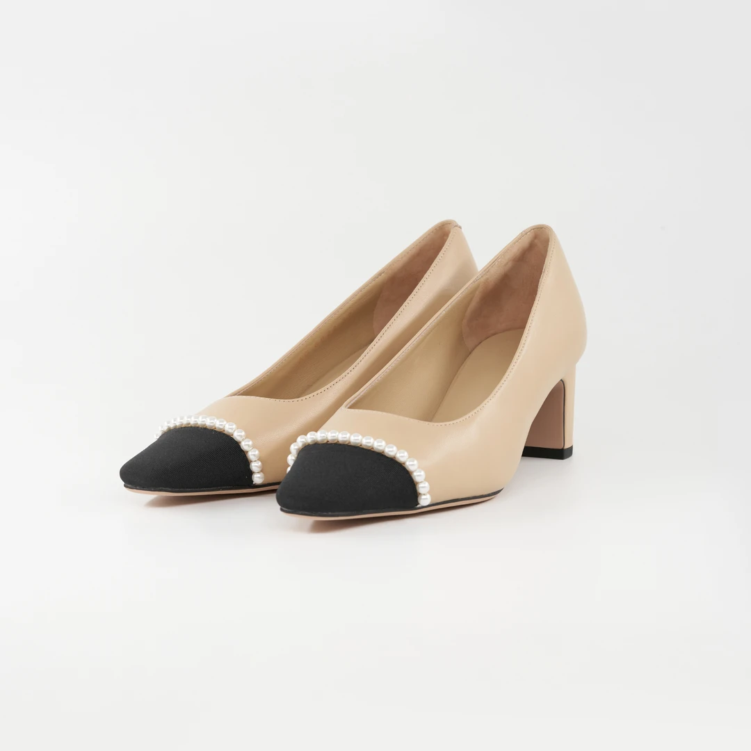 LYNEE 舒适尖头方根高跟鞋拼色经典单鞋 LAD2ESA026