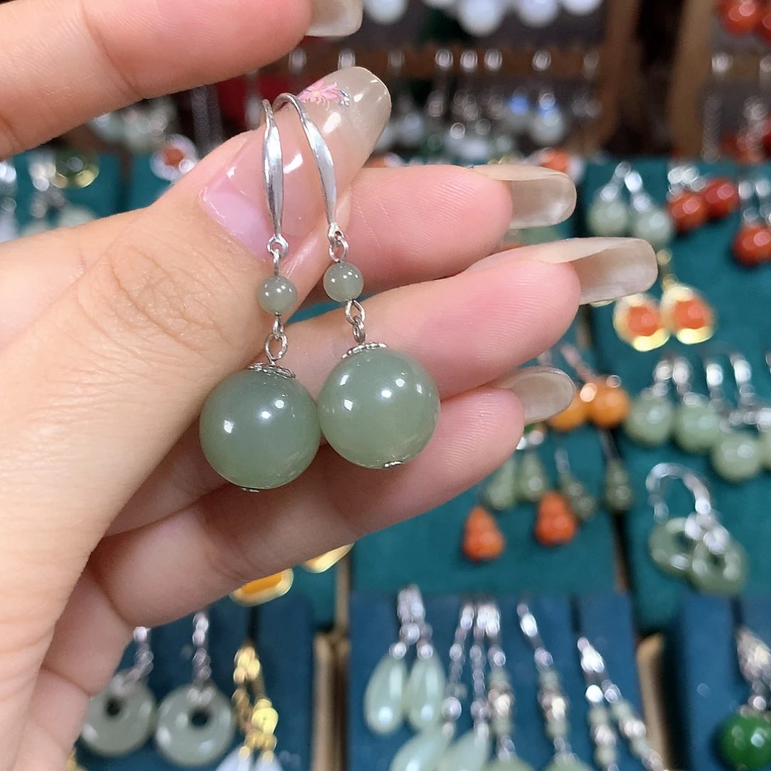 和田玉耳饰银S925镶嵌天然和田玉晴水12mm左右