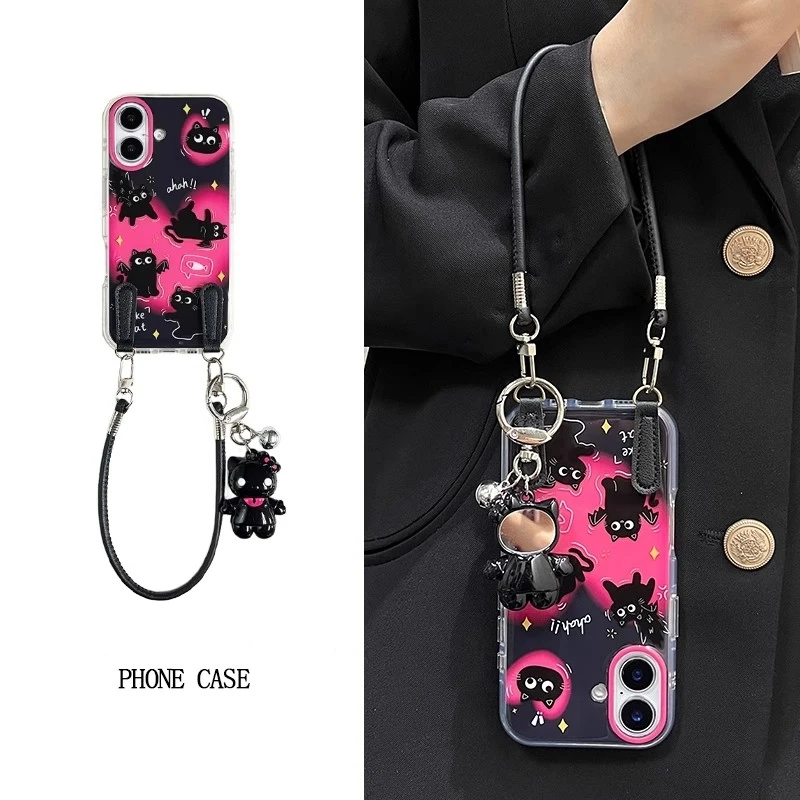 卡通晕染黑猫挂件手提适用iPhone16promax苹果15手机壳14斜跨13女
