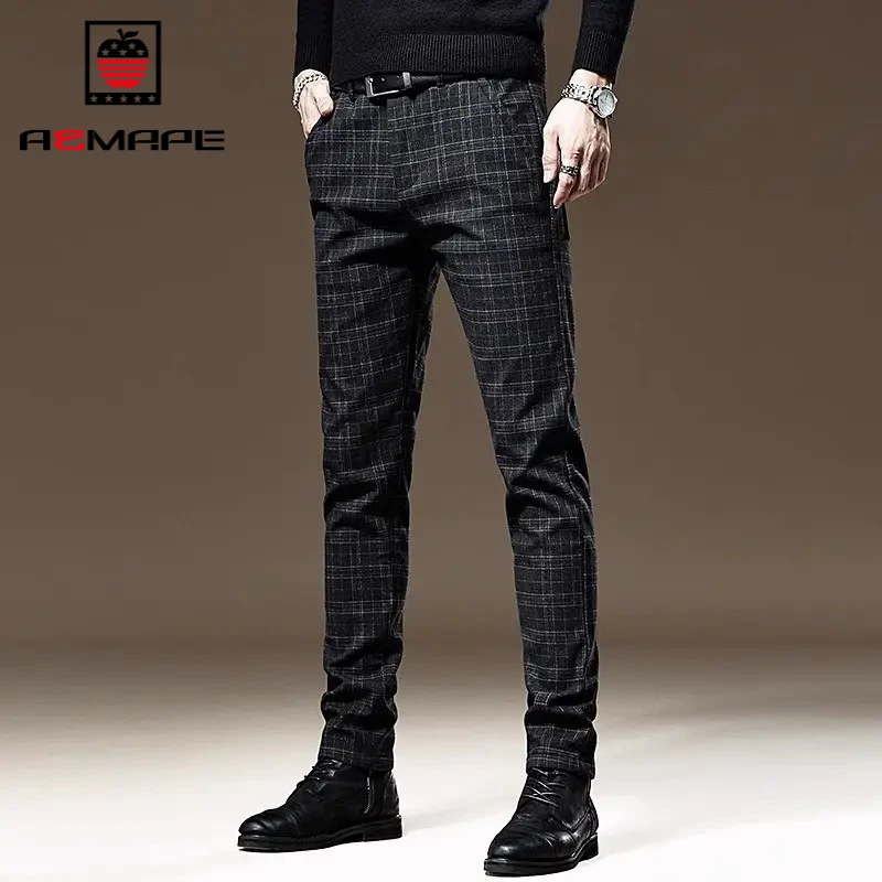 秋季垂感格子休闲裤男修身直筒小脚西装纯色裤韩版潮流百搭商务裤