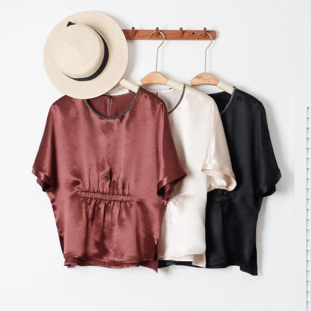 【盈水听风】100%醋酯压皱丝滑洋气收腰气质短袖小衫#23663