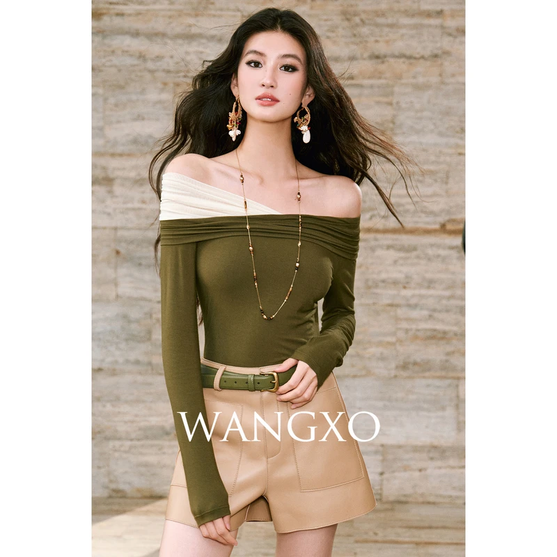 WANGXO  撞色拼接一字领修身显瘦上衣259797W