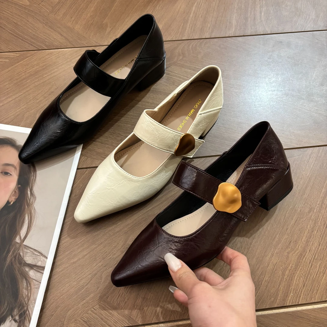 尖头单鞋气质时尚百搭法式粗跟平底浅口低跟气质时尚百搭法式粗跟