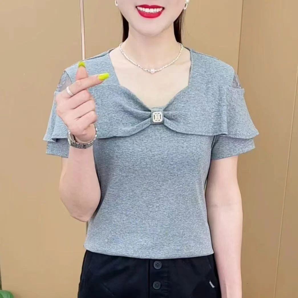 夏季新款气质女装蕾丝蝴蝶结洋气方领设计感显瘦减龄短袖T恤