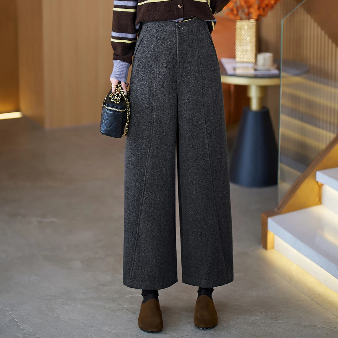 【阿宅专属】时尚毛呢暖冬微阔女2025冬宽松遮跨休闲微阔腿弯刀裤