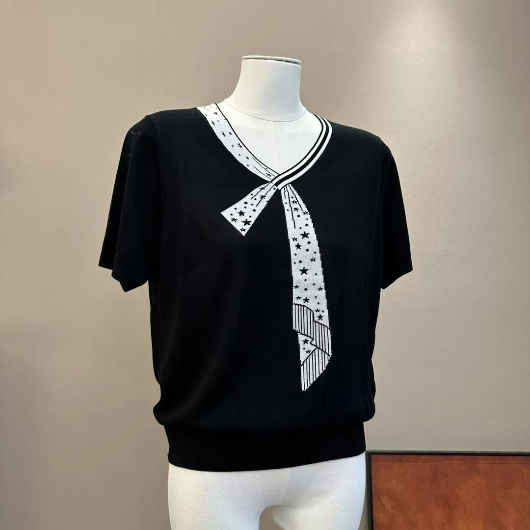 夏季新款V领提花天丝针织百搭气质轻奢短袖T恤上衣女装女