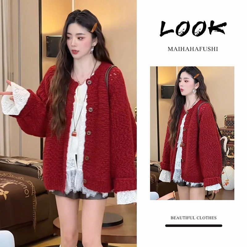 秋冬一整套女装2026新款韩版新年氛围感开衫毛衣打底衫短裤三件套