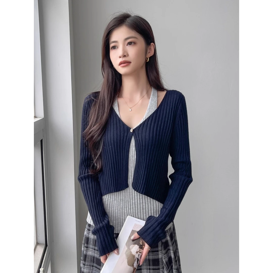 藏蓝色假两件针织开衫女秋季2025新款长袖气质韩系内搭上衣高级感