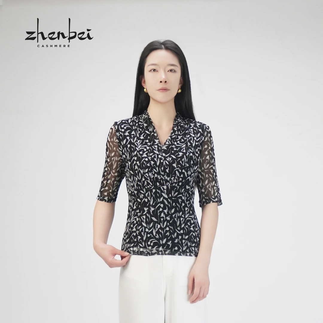 ZB/珍贝春夏新品 桑蚕丝网眼V领印花衫/H104168