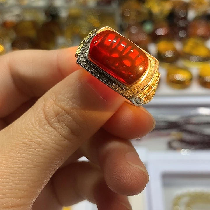 琥珀银S925镶嵌戒指血珀马鞍戒