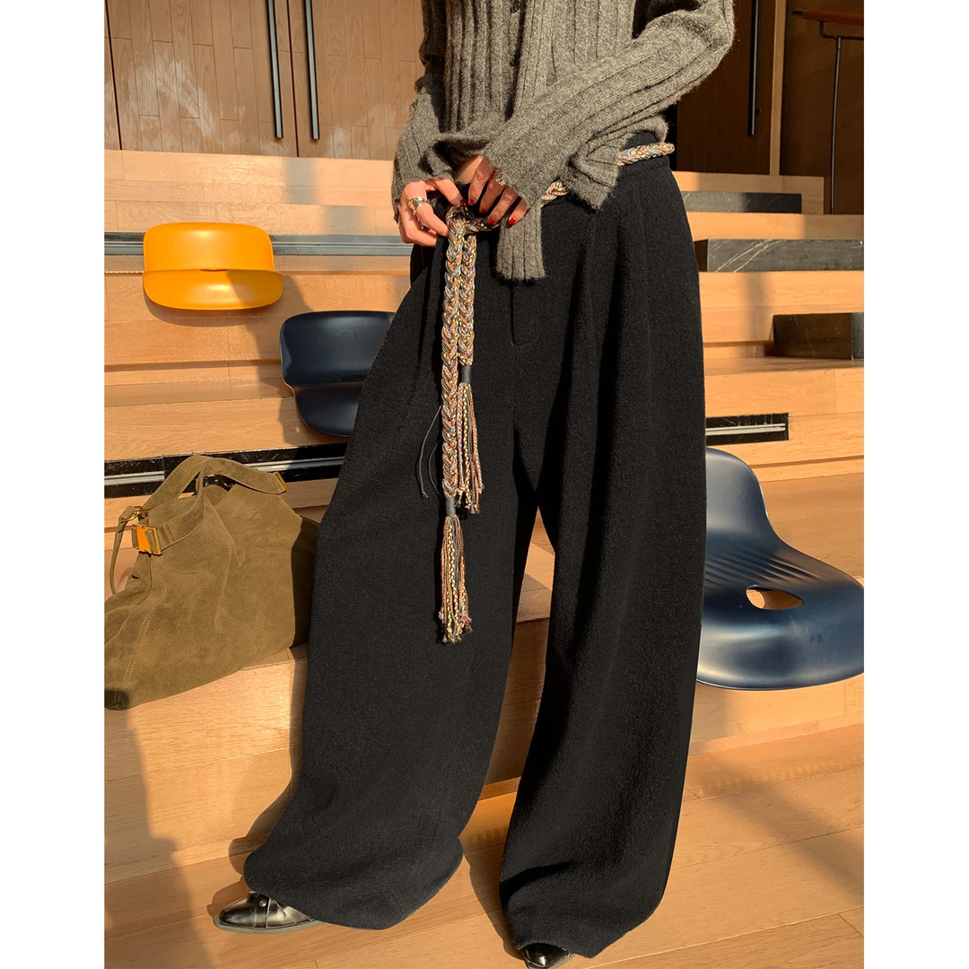 洛边 原创设计款羊毛裤复古慵懒风宽松廓形毛呢休闲裤新款