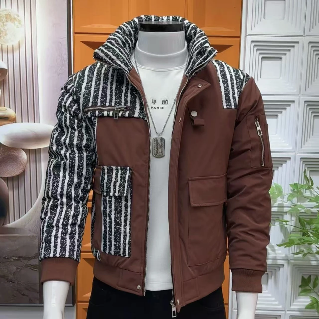 欧洲站冬季新款男士轻奢立领拼色刺绣修身保暖抗寒高品质休闲棉服