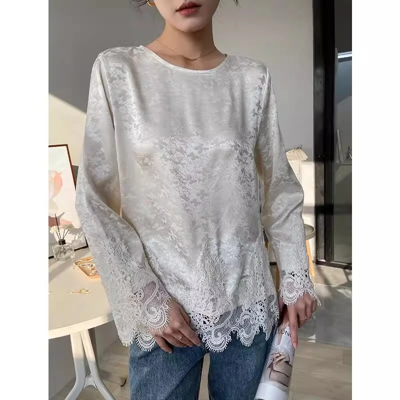 圆领新中式打底衫女2025新款春秋季国风改良内搭蕾丝长袖T恤上衣