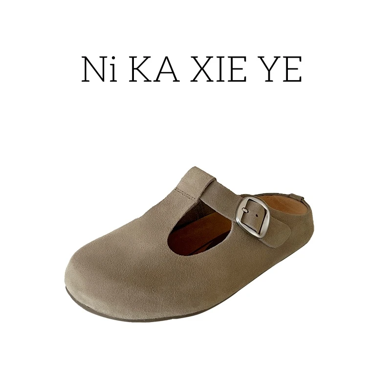 玛丽珍半包百搭轻便彩色多巴胺牛皮包头拖鞋