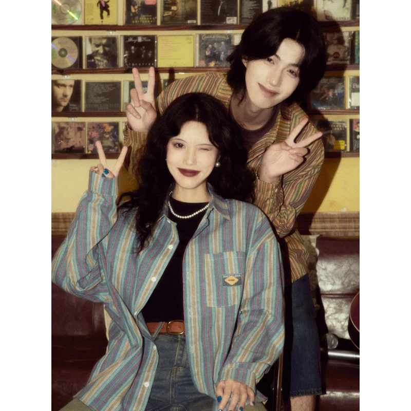 港风复古条纹衬衫男女秋季日系慵懒风松弛感长袖宽松情侣衬衣外套