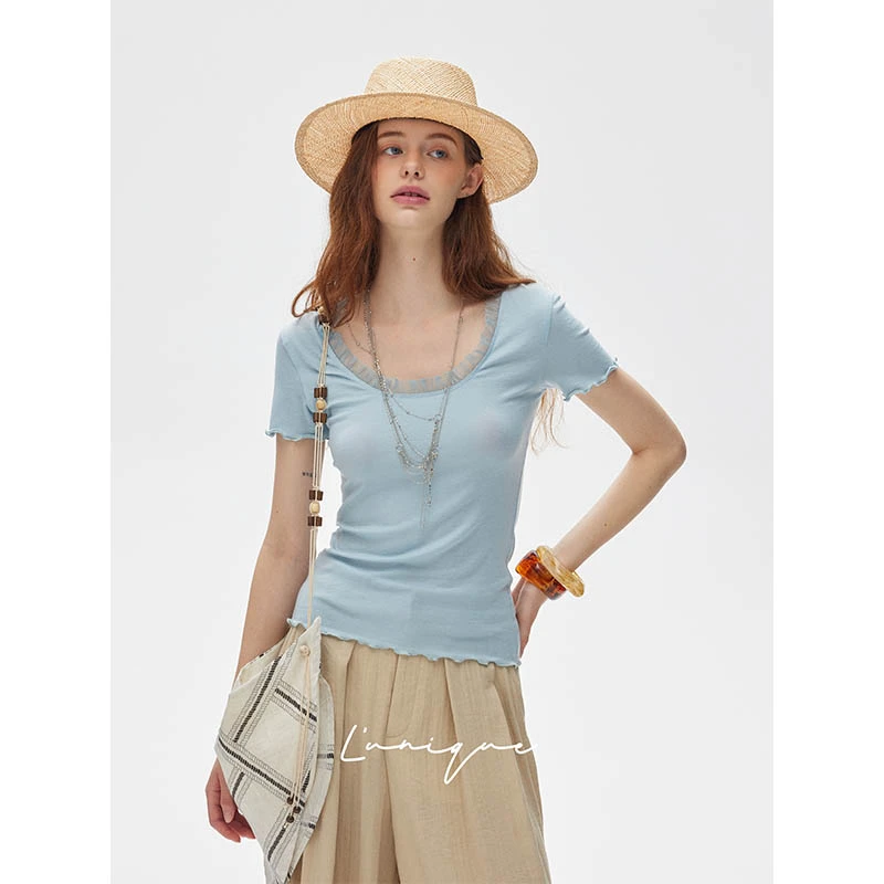 峙月L'unique“莫兰迪蓝”两面穿蕾丝天丝绵羊毛T恤