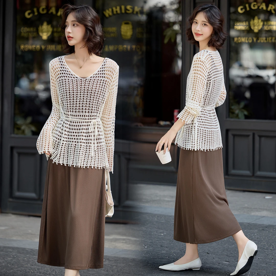 法式镂空针织罩衫套装裙女2025早秋新款系带收腰显瘦吊带裙两件套